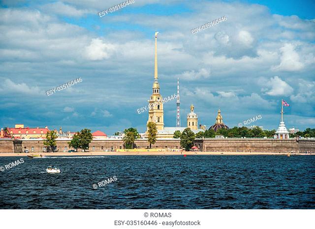 Peter and Paul Fortress viewed from Neva river in Saint Petersburg, Russia. The fortress was built in 18 century and is now one of the main attractions in...