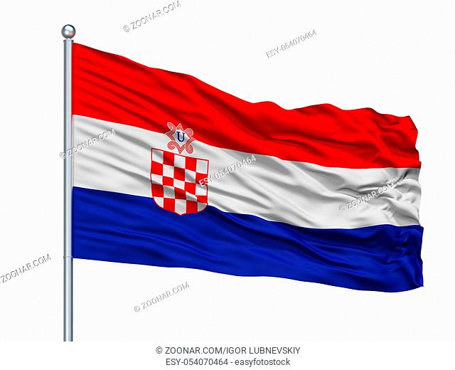 Independent State Of Croatia War Flag On Flagpole, Isolated On White Background