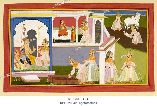 The birth of Sita and bringing of the bow, King Janaka tells the prince of his daughter. He is shown discovering the child who would become his daughter Sita