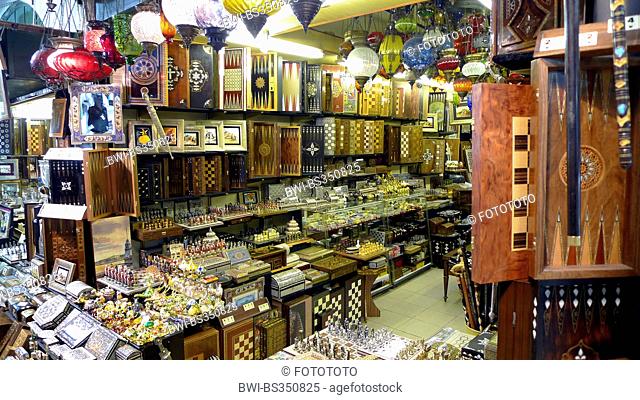Grand Bazaar, sale of craftswork, intarsia, backgammon boards, mosaic and glass lamps, Turkey, Istanbul, Eminoenue, Beyazit