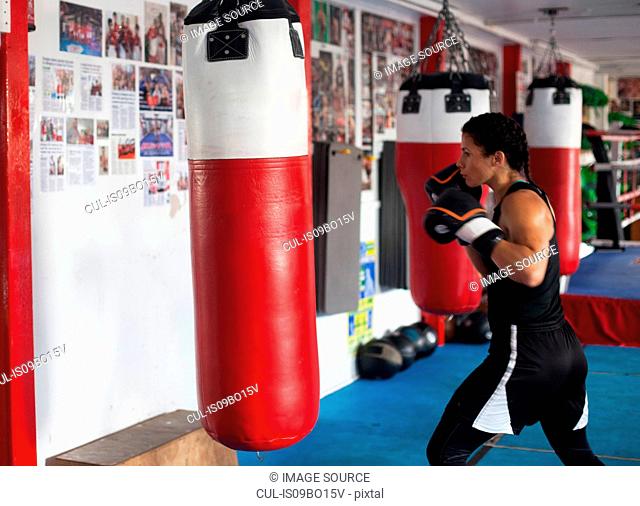 Female boxer training in gym