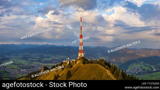 Transmission tower of the Bavarian Broadcasting Corporation on the GrÃ¼nten, 1738m, at sunrise, Illertal, AllgÃ¤u Alps, OberallgÃ¤u, AllgÃ¤u, Bavaria, Germany
