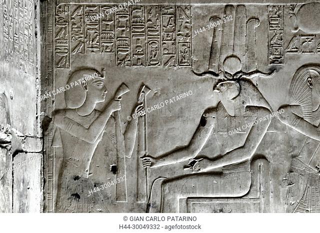 Abydos, Egypt, the mortuary temple of pharaoh Seti I, Menmaatra, (XIX° dyn. 1321-1186 B.C.) - the king bless the god Horus