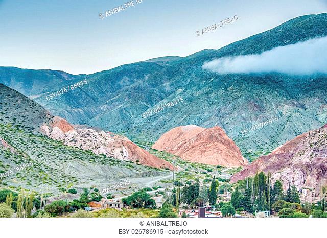 Cerro de los Siete Colores (The Hill of Seven Colors) behind Purmamarca village, in the colourful valley of Quebrada de Humahuaca in Jujuy Province