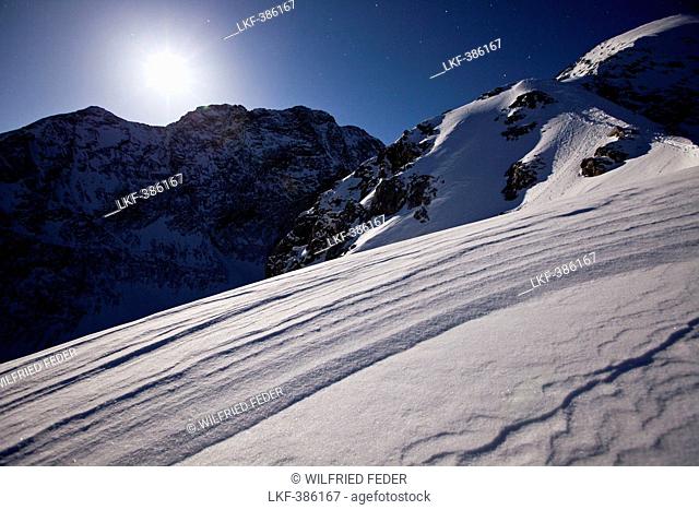 Alpspitz and Wetterstein in the moonlight, Alps, Bavaria, Germany