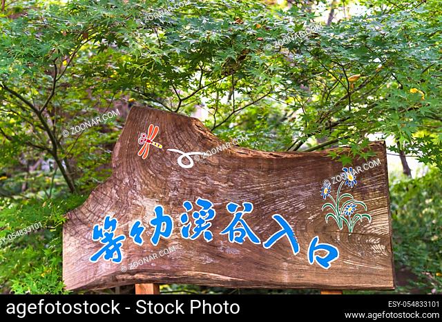 Entrance wooden sign of Todoroki park decorated with draw of cute dragonfly and flowers on a momiji tree background in the Setagaya district of Tokyo