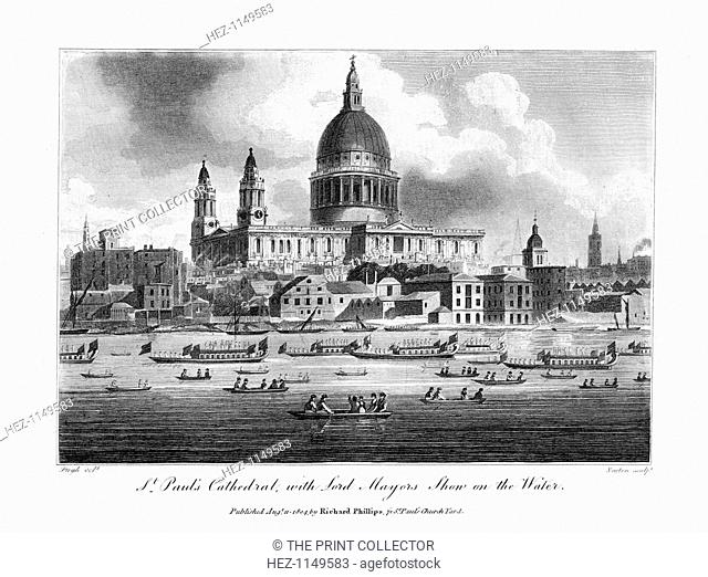 'St Paul's Cathedral, with the Lord Mayor's Show on the Water', London, 1804. Boats on the River Thames, with the cathedral behind