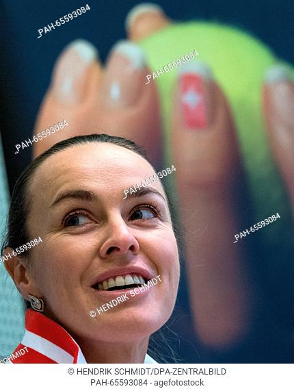 Martina Hingis of Switzerland delivers remarks during a press conference held prior to the Fed Cup tennis quarterfinal between Germany and Switzerland...