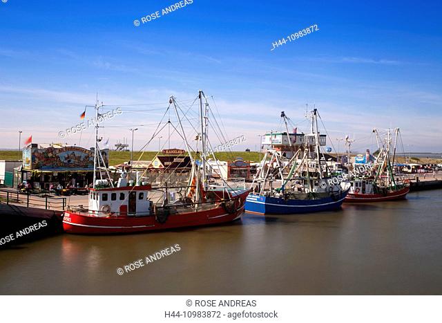 Crab cutters in the harbour, Greetsiel, Leybucht, Krummhörn, East Friesland, Lower Saxony