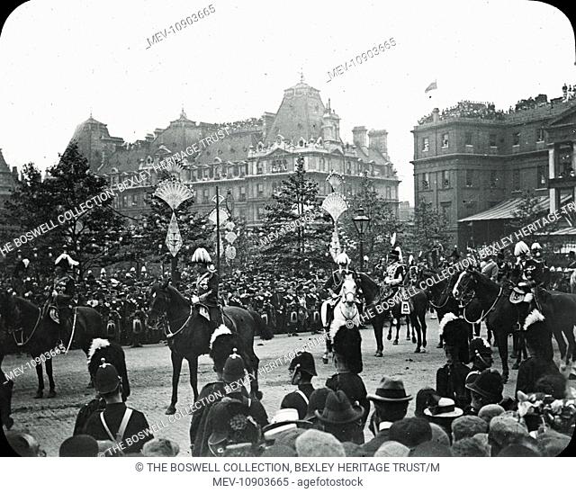 Queen Victoria's Diamond Jubilee - Black and white Victorian lantern slide of a mounted procession, including Prince George Duke of Cambridge