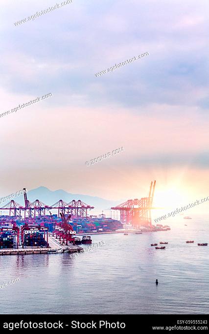 industrial port at dawn, shanghai, china