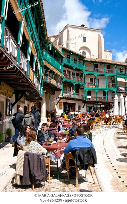 People sitting on terraces at the Main Square. Chinchon, Madrid province, Spain