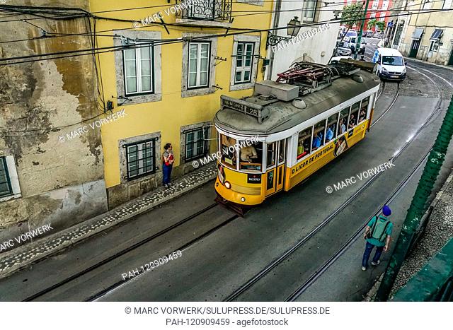 14.05.2019, Lisbon, capital of Portugal on the Iberian peninsula in the spring of 2019. A typical street scene in the narrow streets of the old town of Lisbon