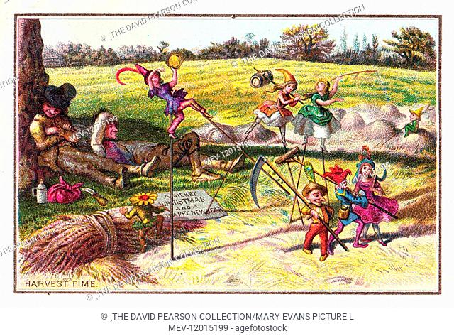 Fairies and goblins in a field on a Christmas and New Year card -- Harvest Time
