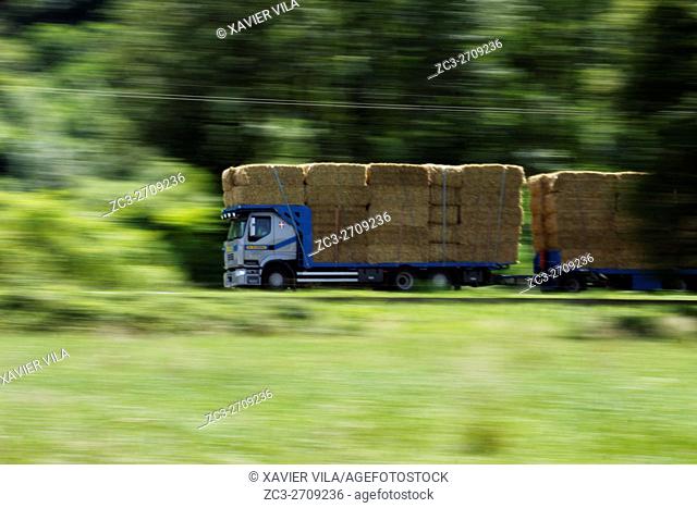 Truck with straw bales driving on the road to the Savoy.Chartreuse, Isere, Rhone Alpes, Alps, France