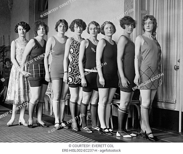 Applicants to the Paramount Motion Picture School, dressed in fashionable bathing suits and rolled stockings, 1925