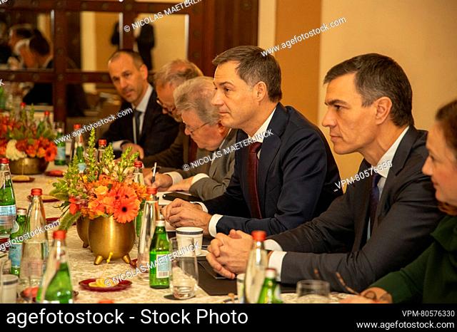 Prime Minister Alexander De Croo and Prime Minister of Spain Pedro Sanchez talk to Expert on international law professor Elkayam-Levy during a meeting during a...