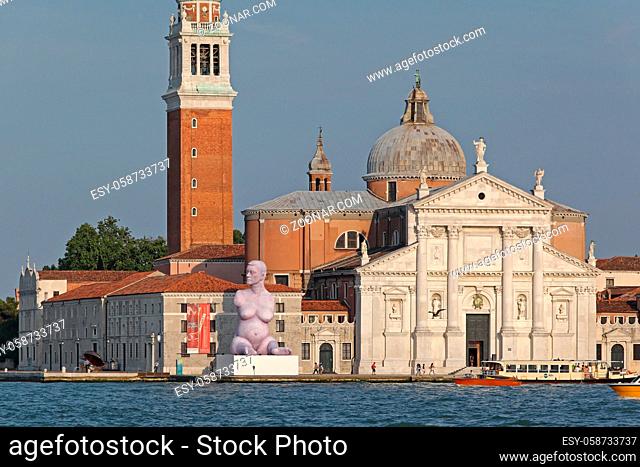 Venice, Italy - July 08, 2013: Modern Art Sculpture in Front of Church at Island San Giorgio Maggiore in Venice, Italy