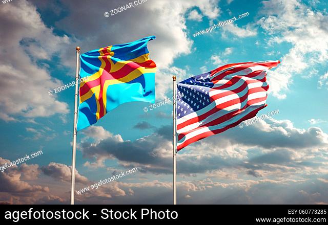Beautiful national state flags of USA and Aland Islands together at the sky background. 3D artwork concept