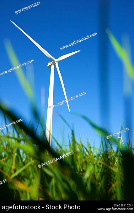 Windmill for renewable electric energy production in Zaragoza province, Aragon in Spain