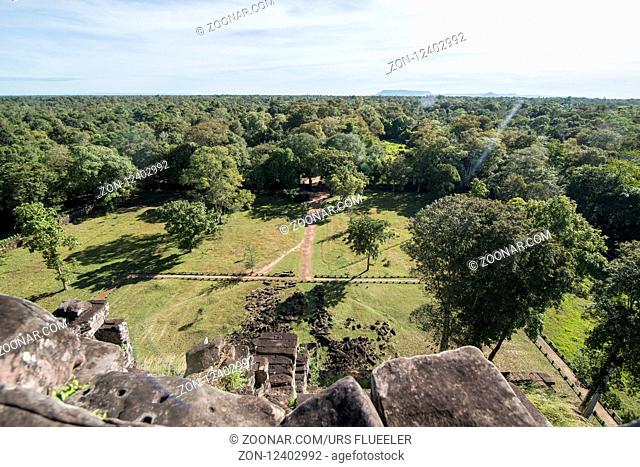 the view with landscape at the Khmer Temples of Koh Ker east of the Town of Srayong west of the city Preah Vihear in Northwaest Cambodia