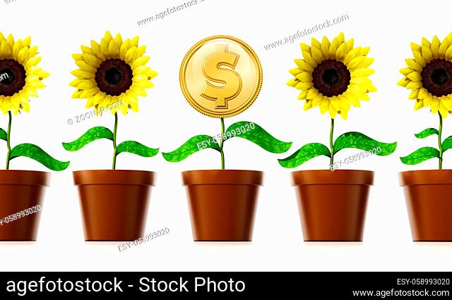 Gold coin with dollar sign on the flower pot among regular flowers. 3D illustration