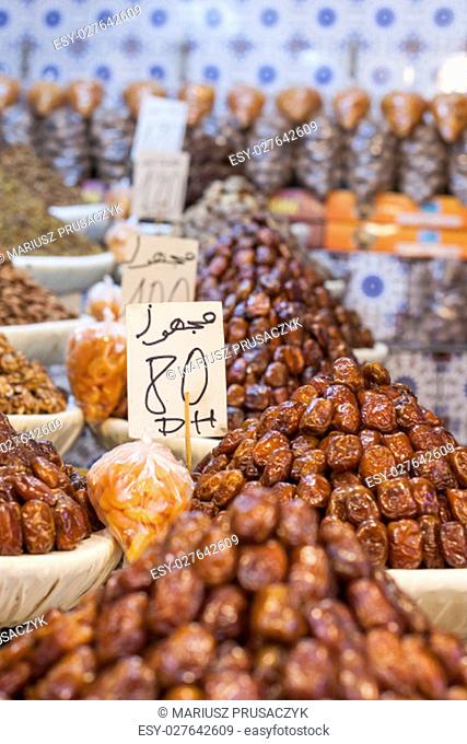 Nuts and dried fruit for sale in the souk of Fes, Morocco