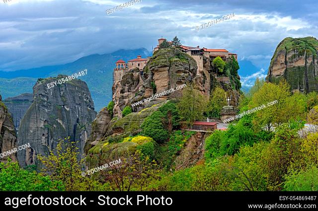 Panoramic view of the stunningly located on top of a rock The Monastery of Varlaam, Meteora, Greece