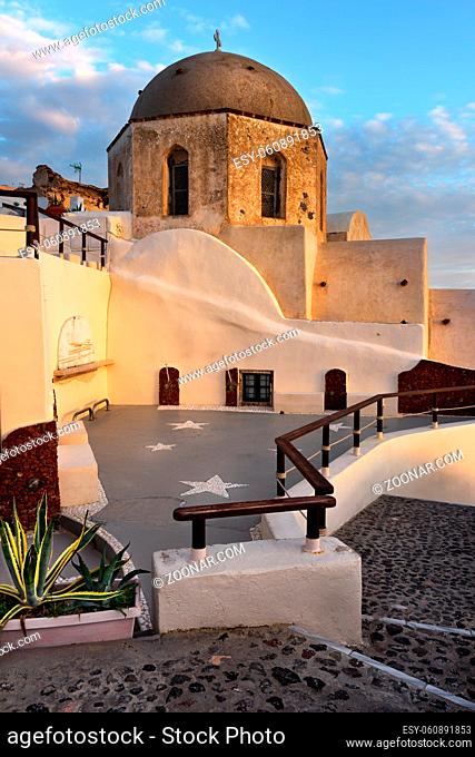Orthodox Church with Brown Dome in the Evening, Oia, Santorini, Greece