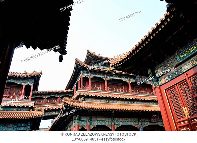 Pavilion of Eternal Happiness (Wanfu Ge) in Yonghe Temple also known as Palace of Peace and Harmony Lama Temple or simply Lama Temple in Beijing, China