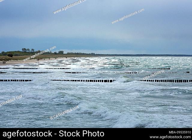 Baltic Sea, Fischland, Darss, seaside resort Wustrow, beach with groynes, view to the west