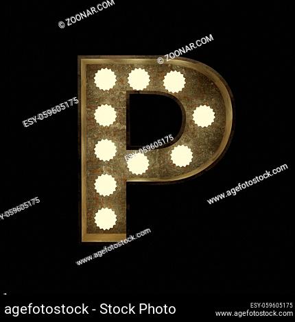 Metal letter P with small lamps on a dark background, 3d rendering