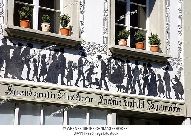 Decorative facade of a painting shop, facade painting, historic centre, Berne, Switzerland