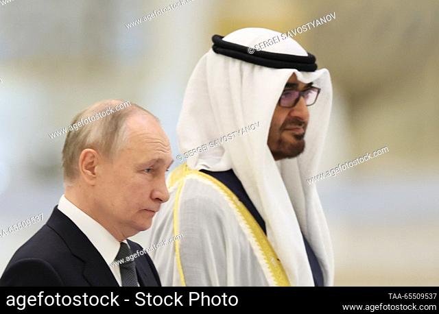 UNITED ARAB EMIRATES, ABU DHABI - DECEMBER 6, 2023: Russia's President Vladimir Putin (L) and UAE President, Abu Dhabi Crown Prince Sheikh Mohammed bin Zayed Al...
