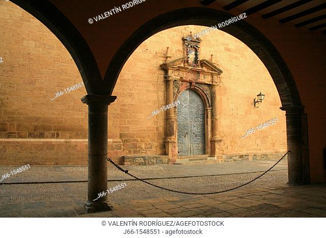 Church gate Mirambell from the arcades of the city council, Maestrazgo region  Teruel