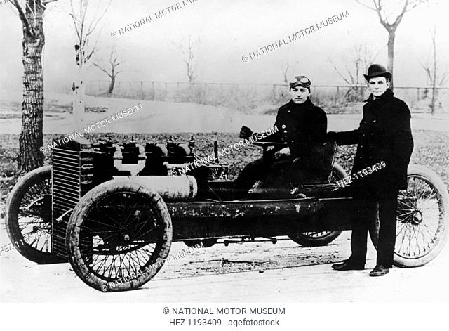 Barney Oldfield and Henry Ford with Ford '999', 1902. Oldfield is in the driving seat while Henry Ford stands alongside. Ford drove the car on the ice of Lake...