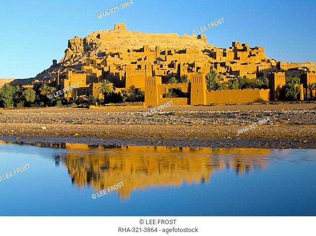 Kasbah Ait Benhaddou Ait-Ben-Haddou reflected in river in early morning, UNESCO World Heritage Site, near Ouarzazate, Morocco, North Africa, Africa