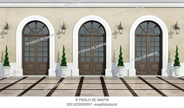 Courtyard of a classic house with three windows wooden balcony - 3D Rendering
