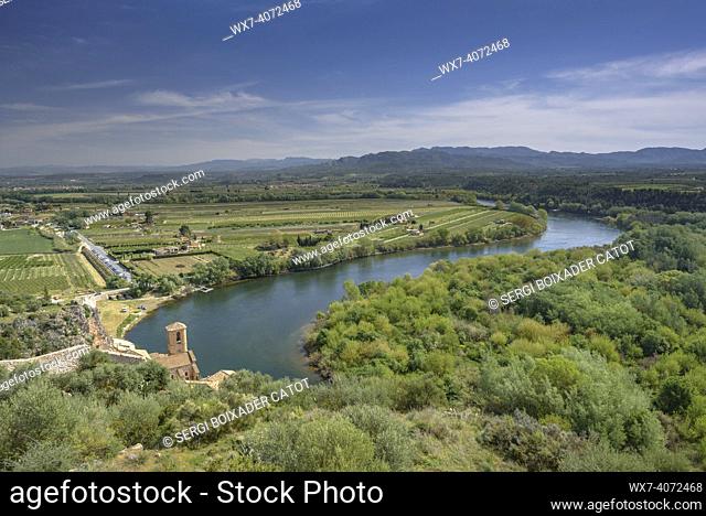 Looking at the meander of the Ebro river in Miravet, seen from a viewpoint bastion of the Miravet castle (Ribera d'Ebre, Tarragona, Catalonia, Spain)