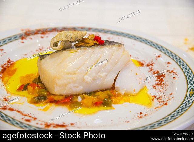 Grilled codfish loin with vegetables. Spain