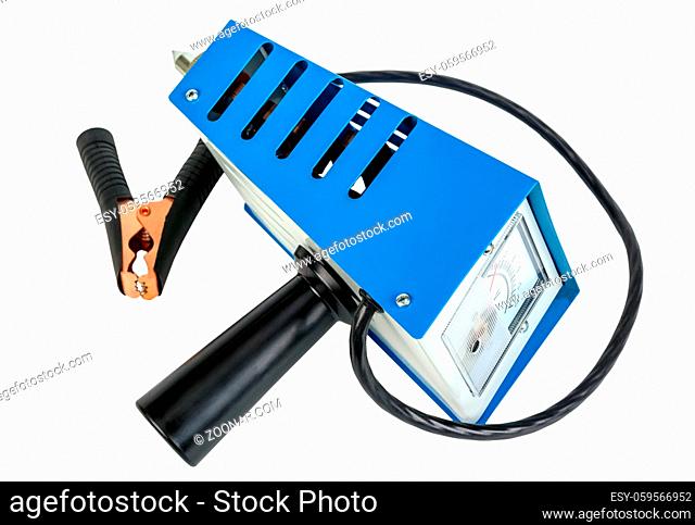 Analog car battery tester, power test load fork, isolated on a white background