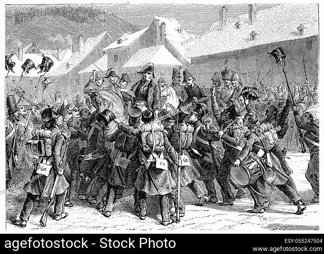 Proclamation of Marshal Ney in Lons-le-Saunier, vintage engraved illustration. History of France ? 1885