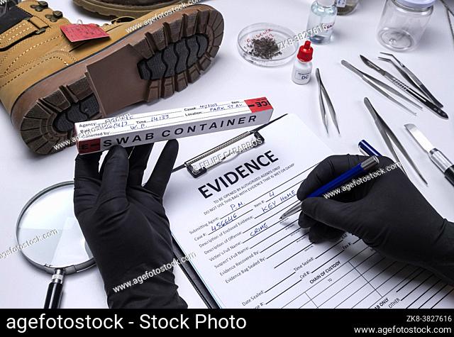 Police scientist investigates a shoe sole tape tread involved in crime lab murder, concept image