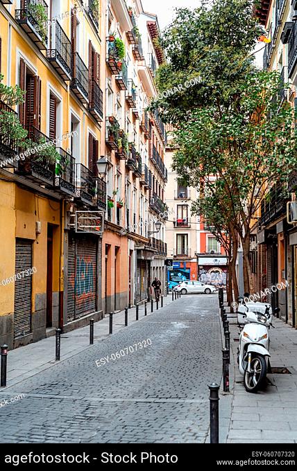Madrid, Spain - 4th October, 2020: Traditional street in Embajadores area in Lavapies quarter in central Madrid. Lavapies is one of the coolest neighbourhood in...