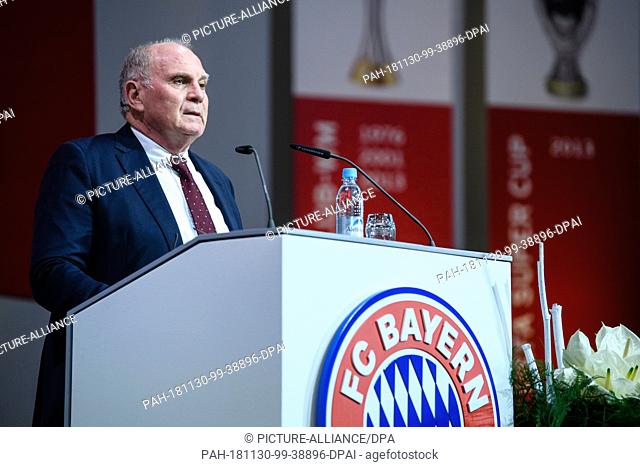 30 November 2018, Bavaria, München: Soccer: Bundesliga, FC Bayern Munich Annual General Meeting in the Audi Dome. Uli Hoeneß, club president of FC Bayern