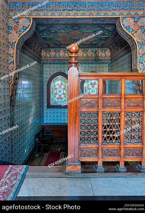 Wooden staircase, decorated wooden balustrade, Turkish ceramic tiles wall, ornate ceiling, stained glass windows, Residence hall at Manial Palace of Prince...