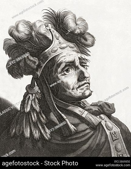 Atahualpa, last Emperor of the Incas, c. 1502 - 1533. From a 17th century print by Jerome David