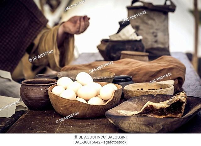Eggs and bowls on a table, Festival of Slavs and Vikings, Centre of Slavs and Vikings, Jomsborg-Vineta, Wolin island, Poland