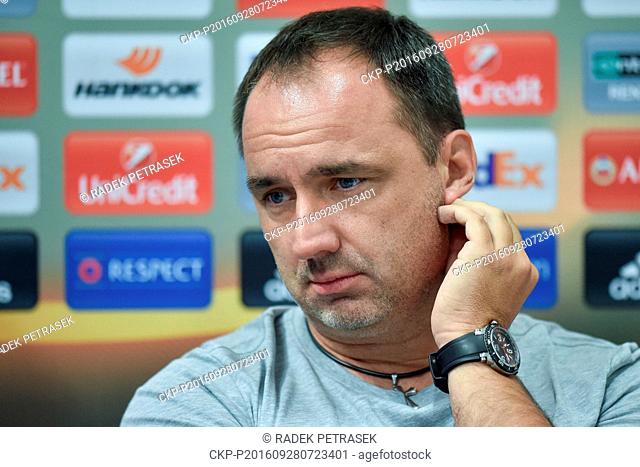 Coach of Slovan Liberec Jindrich Trpisovsky speaks during the press conference prior to European Football League second round group J match: Slovan Liberec vs...