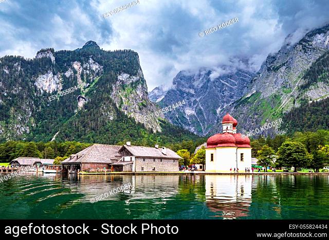 Lake Koenigssee with pilgrimage church Saint Bartolomew in the Berchtesgaden Alps, Germany